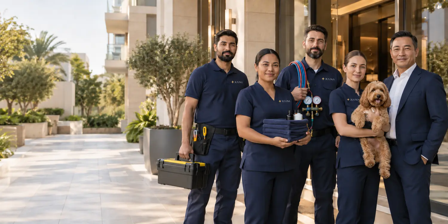 A professional service team outside a Dubai residence