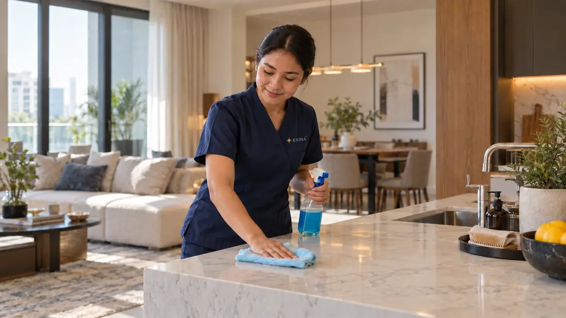 Professional home cleaner at work in a Dubai apartment
