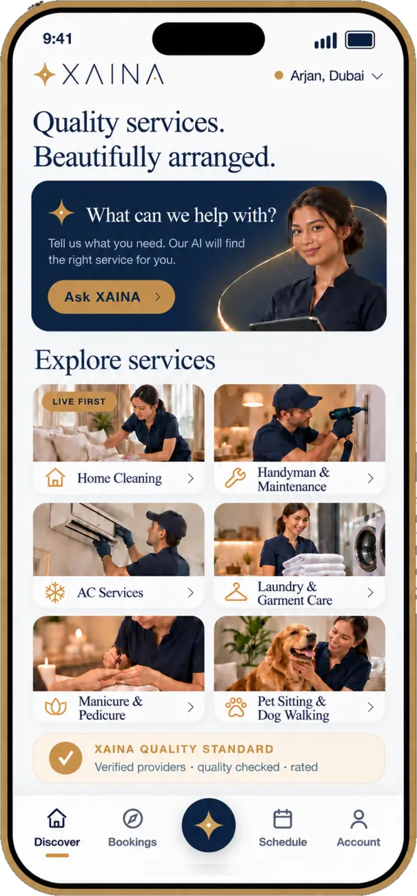 XAINA Marketplace App showing AI assisted discovery and multiple service categories